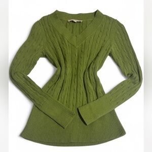 Olive Green Cable-Knit V-Neck Sweater